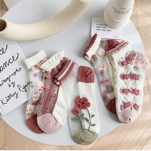 Crystal socks women glass silk summer Tulip thin pink short socks cute lace wholesale socks women card