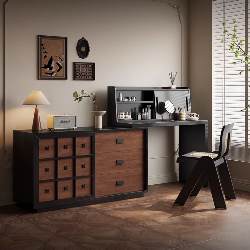 Medieval-Style Dressing Table and Drawer Cabinet Integrated Bedroom Retro Walnut Wood Grain Dressing Table High-End Solid Wood Dressing Cabinet