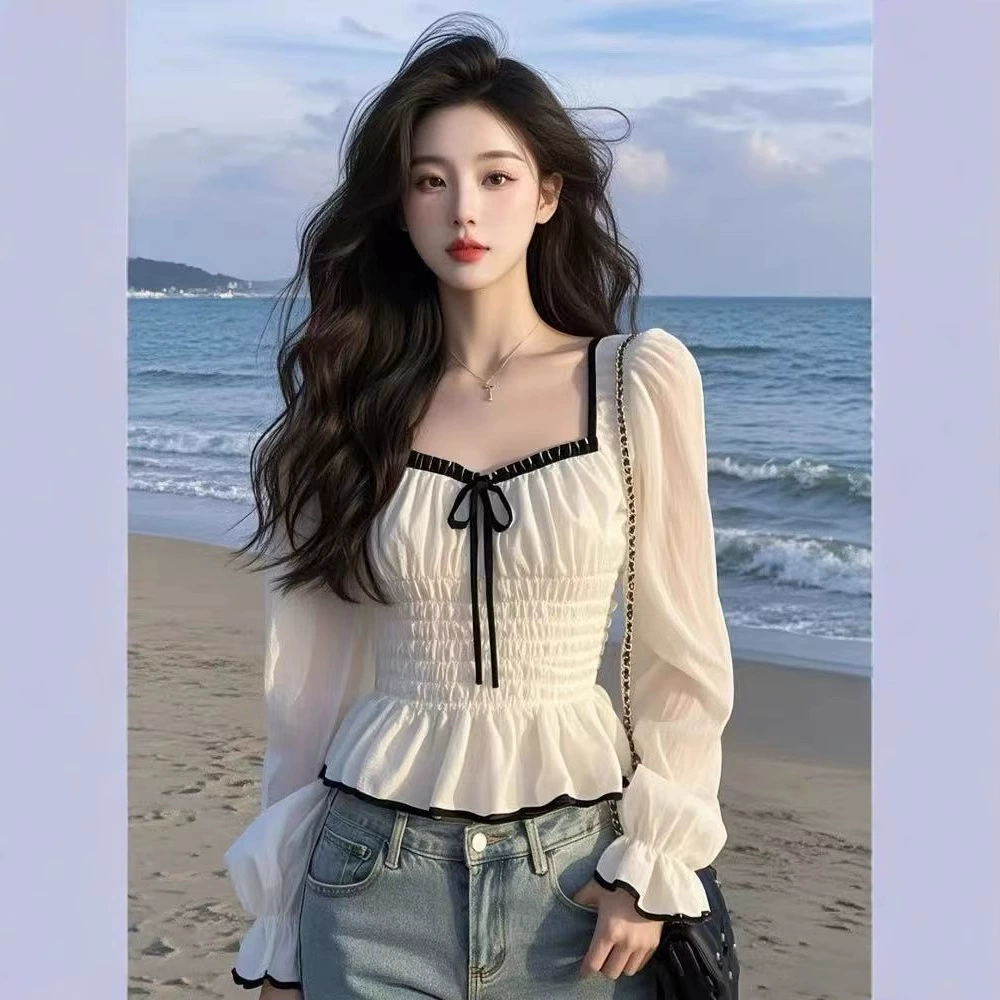 Весенне-летняя дизайнерская рубашка с длинным рукавом для женщин 2025 года, новая, высококачественная, с рюшами, универсальная, молодящая, красивая рубашка