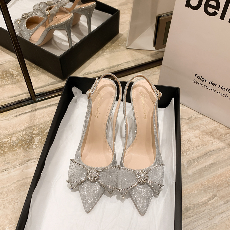 2022 New Style Fine Heel Pointed Toe Wedding Shoes Bridesmaid Shoes Crystal Rhinestone Bow Glass Adhesive Toe High Heel Sandals