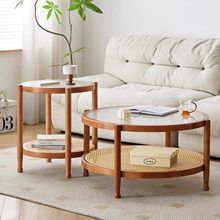 北欧圆形实木茶几轻奢客厅小户型藤编日式边几橡胶木简约小圆桌子