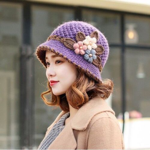Knitted hat women's autumn and winter woolen hat classic winter women's hat flower plus velvet fisherman hat basin hat mother winter hat
