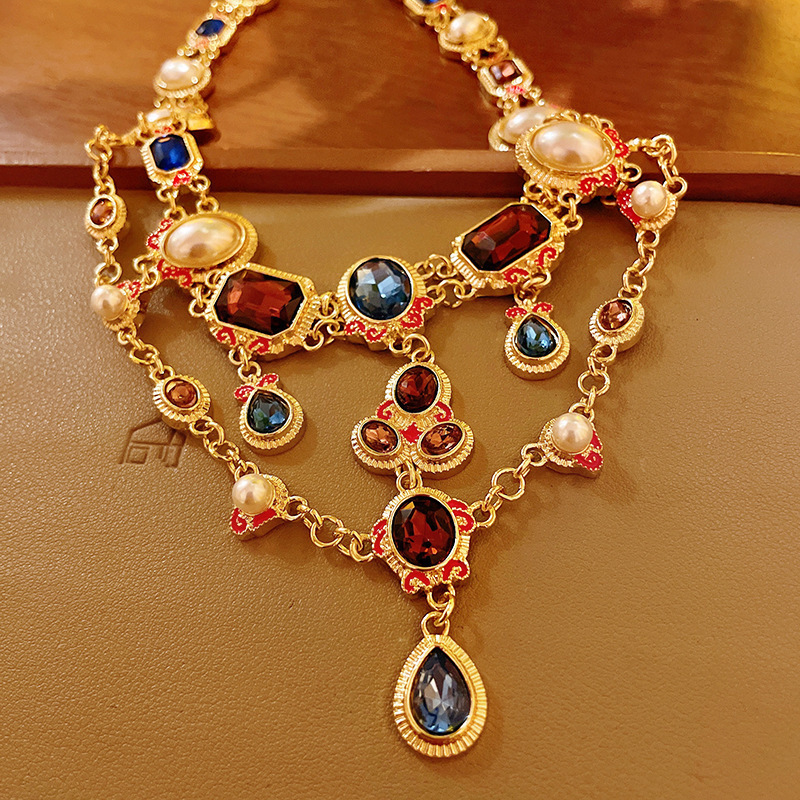 Medieval vintage diamantes geométricos oval pendientes collar ligero lujo nicho cadena clavícula juegos de joyería retro