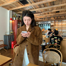 麂皮外套夹棉棕色西装皮衣女复古宽松秋冬美拉德设计感时尚百搭款