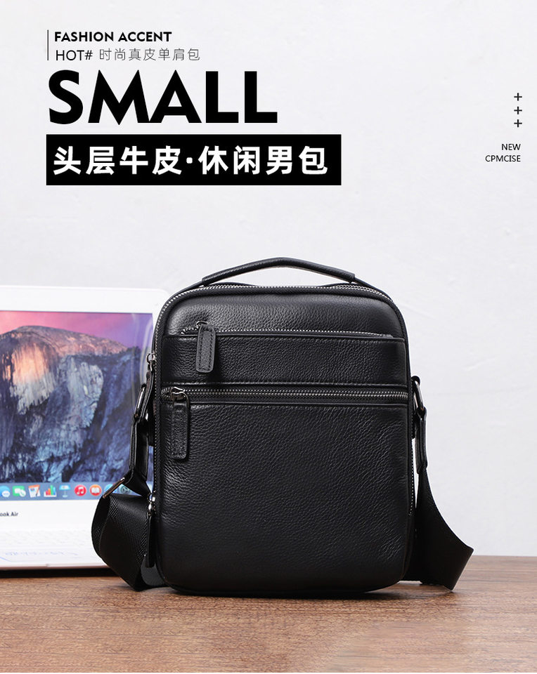 Túi đeo chéo nam da bò thật 20×8×24 cm kiểu mới đơn giản — Màu đen chi tiết 1