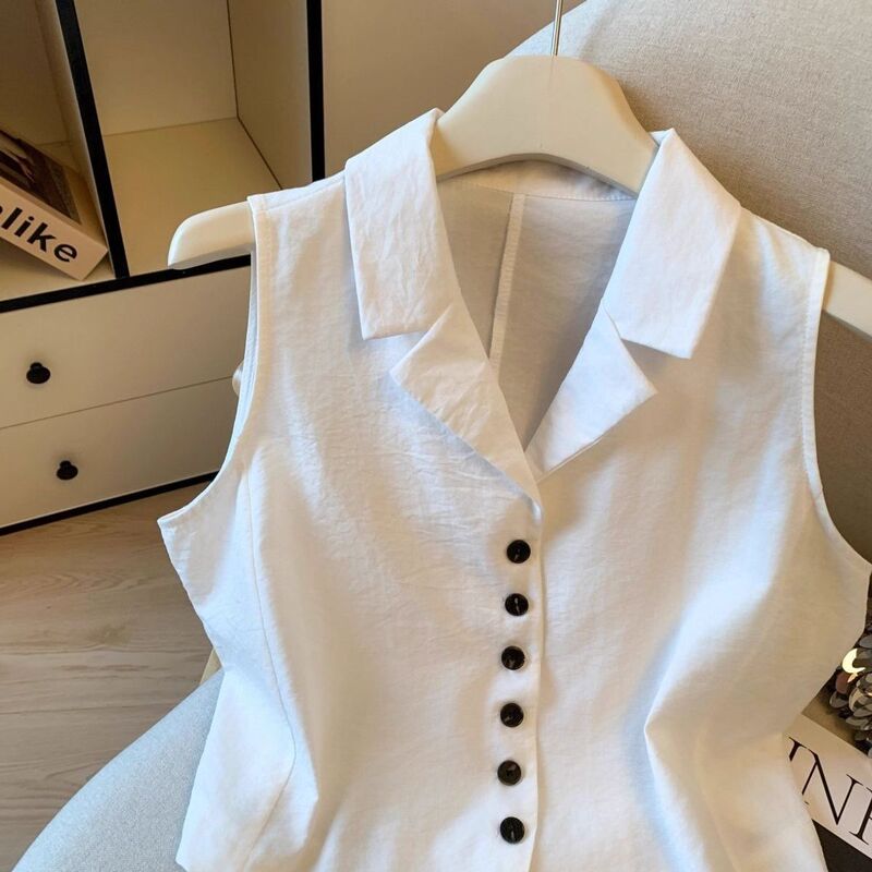 Old Money Style Single-Breasted Lapel Sleeveless Shirt for Women, Summer New Black Slim-Fit Vest, Short Top in White