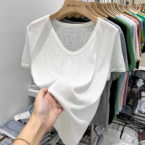 Korean-style V-neck white casual short-sleeve women's snow cotton 2025 summer new loose hide fat slimming top