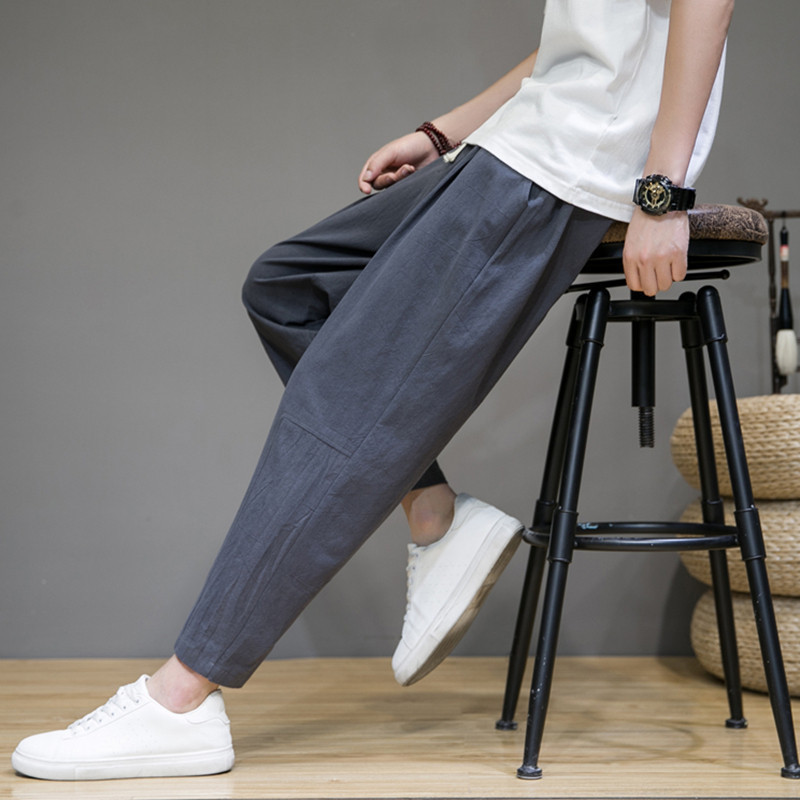 Men's Summer Thin Cropped Pants, Loose Linen Pants, Carrot Pants, Cotton-Linen Japanese Style Trendy Tapered Pants