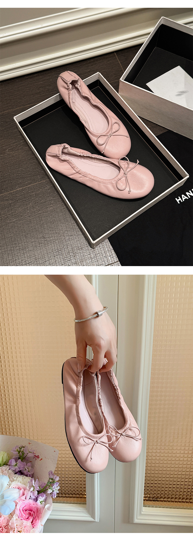 Giày ballet nữ da cừu mũi tròn nơ bướm đế bệt mềm mại — màu nâu chi tiết 12