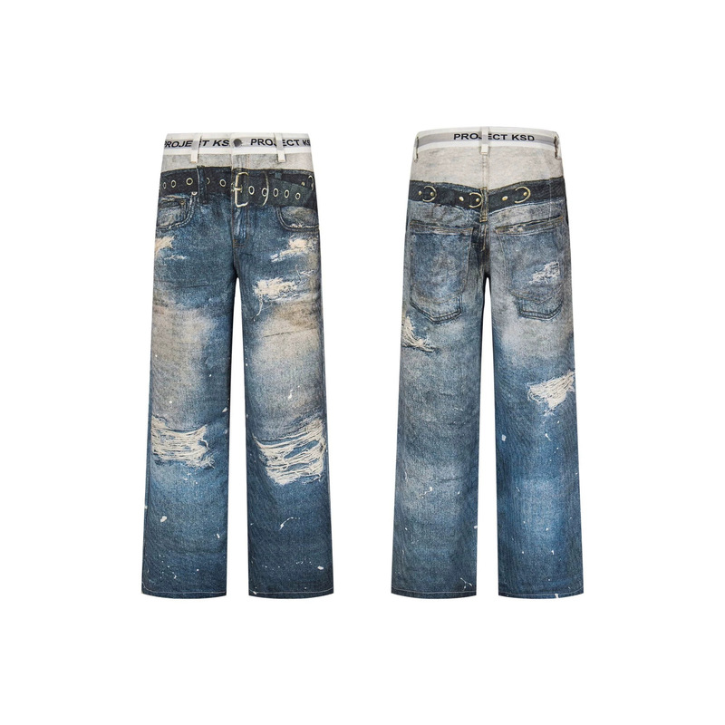 Cross-Border Trendy Brand Project G/R Digitally Printed Layered Effect Underwear Double-Waist Printed Straight-Leg Jeans