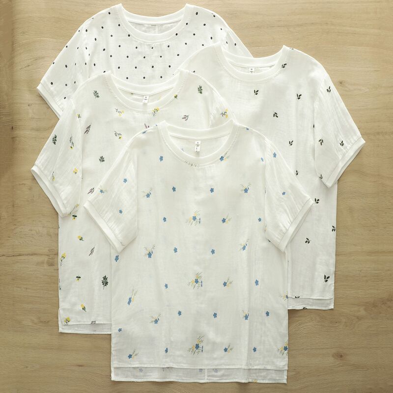 Double-Layer Cotton Gauze Printed Short-Sleeved T-Shirt for Women 2026 Summer Japanese Style Artistic Simple Round Neck Versatile Loose T-Shirt for Women