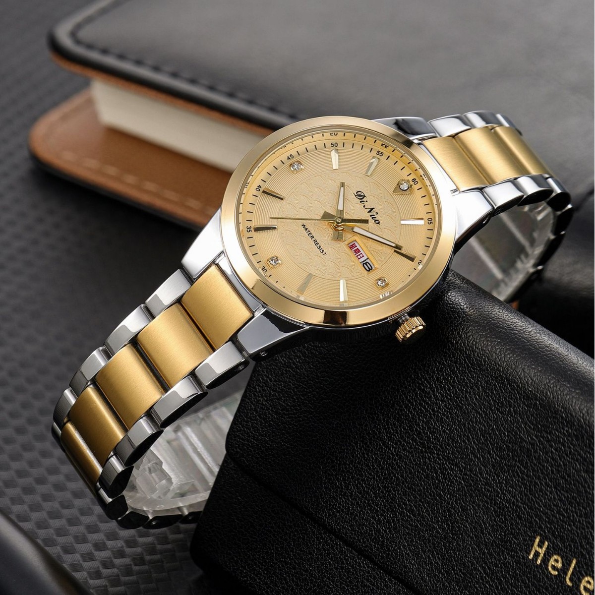 Women's double calendar gold_gold surface steel belt