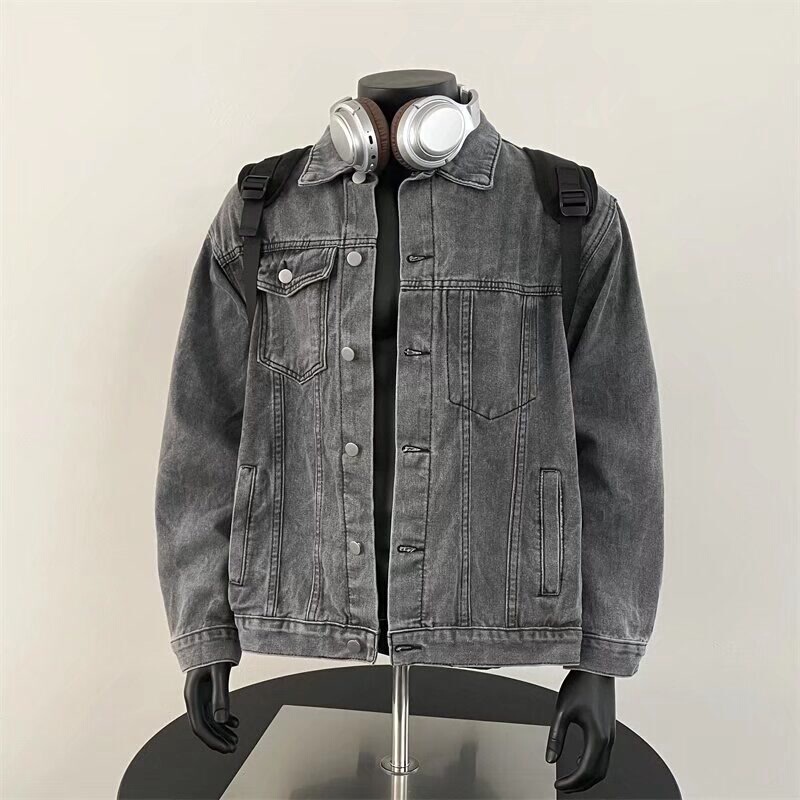 American Style Retro Stitching Fake Two-piece light gray Denim Jacket suit Men's Washed Dressed Loose All-match Two-piece Set American Style Retro Stitching Fake Two-piece light gray Denim Jacket suit Men's Washed Dressed Loose All-match Two-piece Set