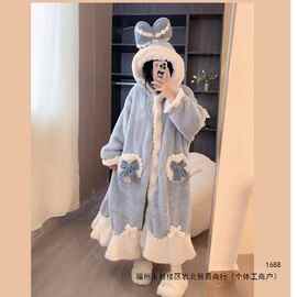 艾莎公主秋冬季睡衣女珊瑚绒睡袍加绒加厚可爱外穿冬天家居服套装