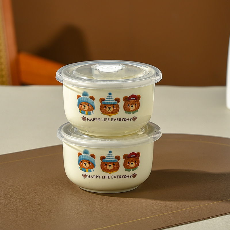 Cuencos de cerámica de tres piezas con cubierta de caja de preservación de microondas sellado de bento para estudiantes de almuerzo de oso grande
