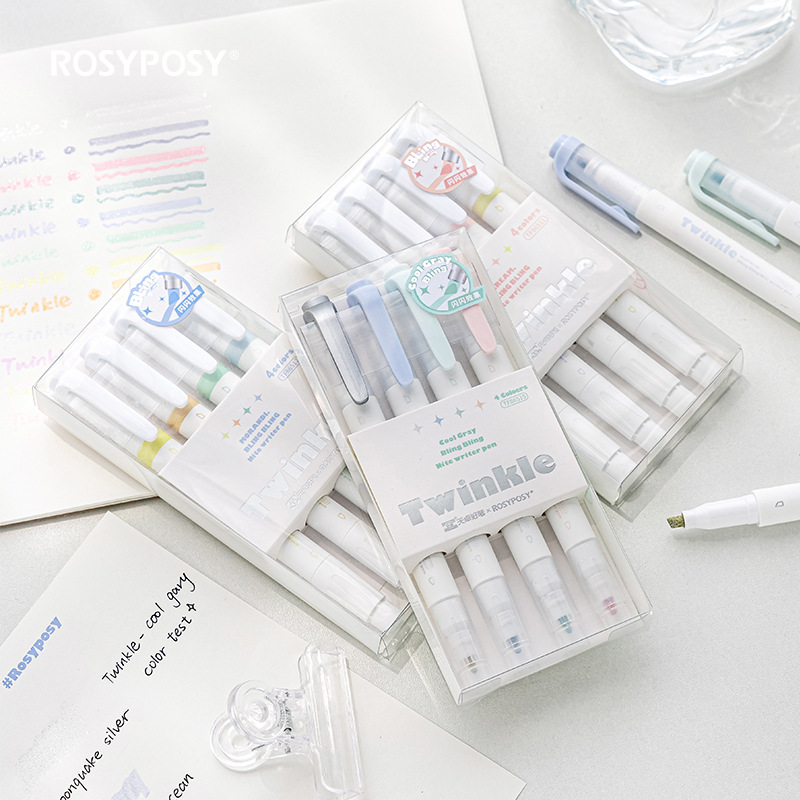 Rosy Posy Glitter Double-ended Highlighter Notebook Marker Colorful Glitter Pearlescent Watercolor Marker