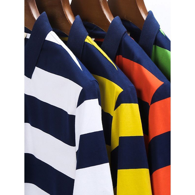 [Puede abrirse] polo de algodón a rayas de hombre ligero de negocios T-shirt de manga corta con collar a rayas elásticas