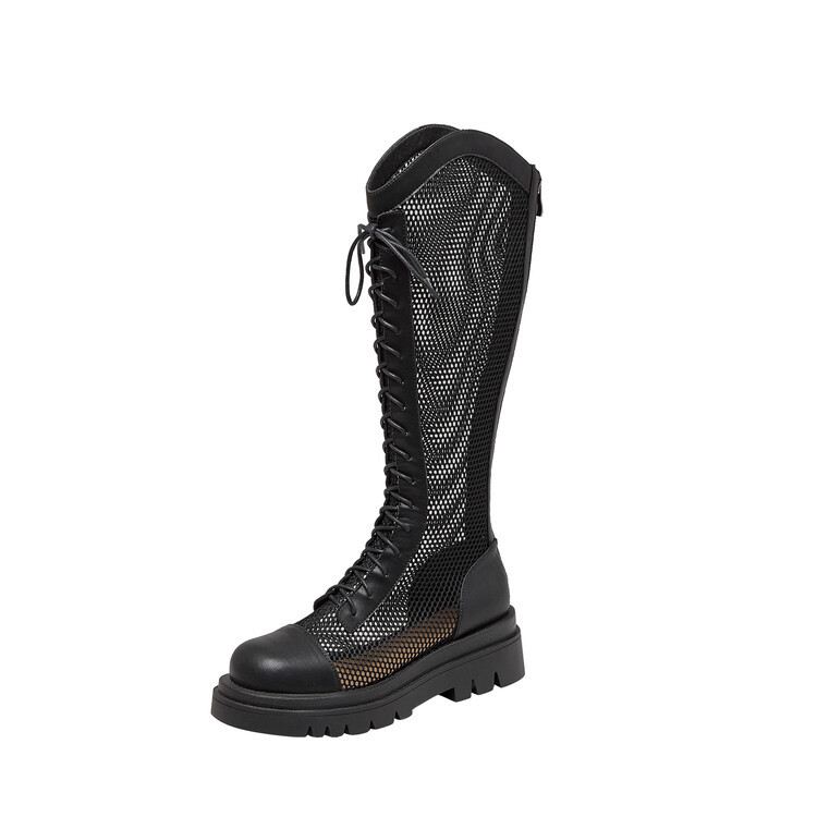 Boot lưới da thật cổ cao đế dày thoáng khí mùa xuân hè phong cách kỵ sĩ buộc dây — Màu nâu ống lớn, Màu đen cổ ống lớn, Ống nhỏ màu đen, Ống nhỏ màu be chi tiết 71