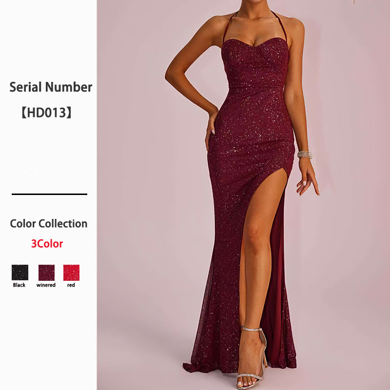 New Cross-Border Women's European and American Elegant Style Dress Solid Color Slim Low-Cut Backless Slit Long Dress