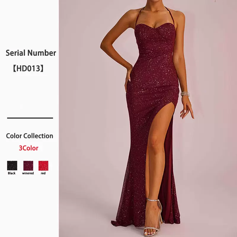 新款跨境女装欧美优雅风礼服连衣裙纯色修身低胸露背开叉连衣长裙