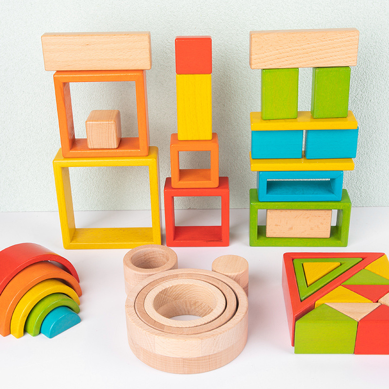Intellectual rainbow geometric constructor, cognitive variable wooden toy, early education
