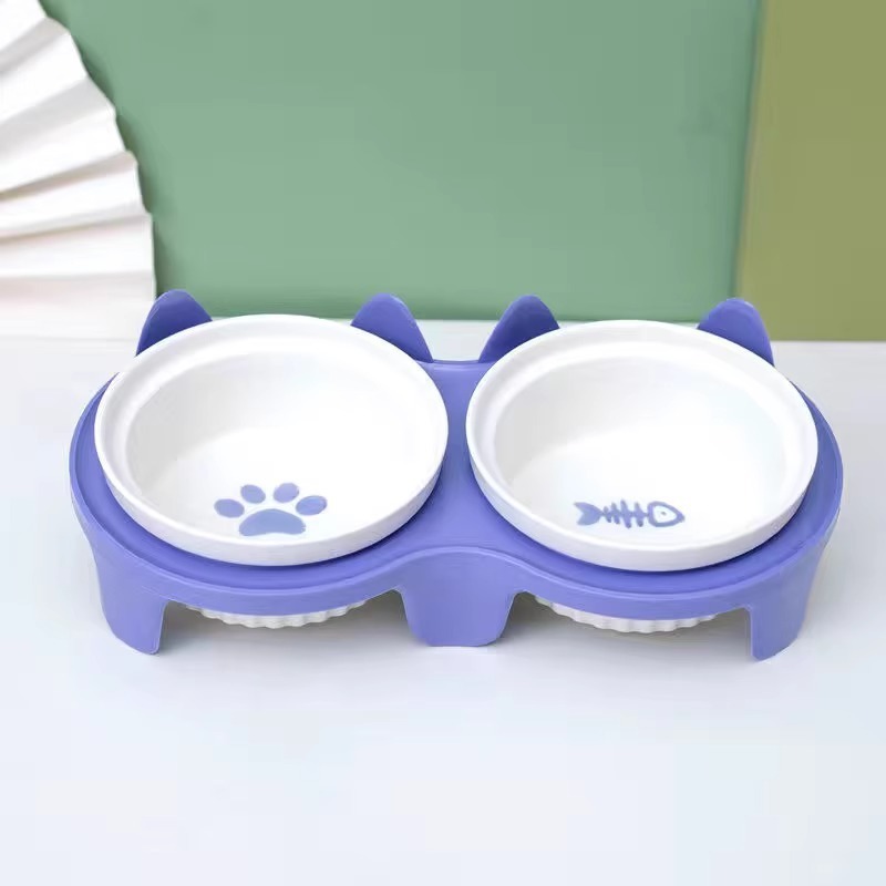 猫ボウル、セラミックキャットフードボウル、猫ボウル、犬ボウル、フードボウル、ペットの斜め口、頚椎保護、転倒防止、二重ボウル飲料水|undefined
