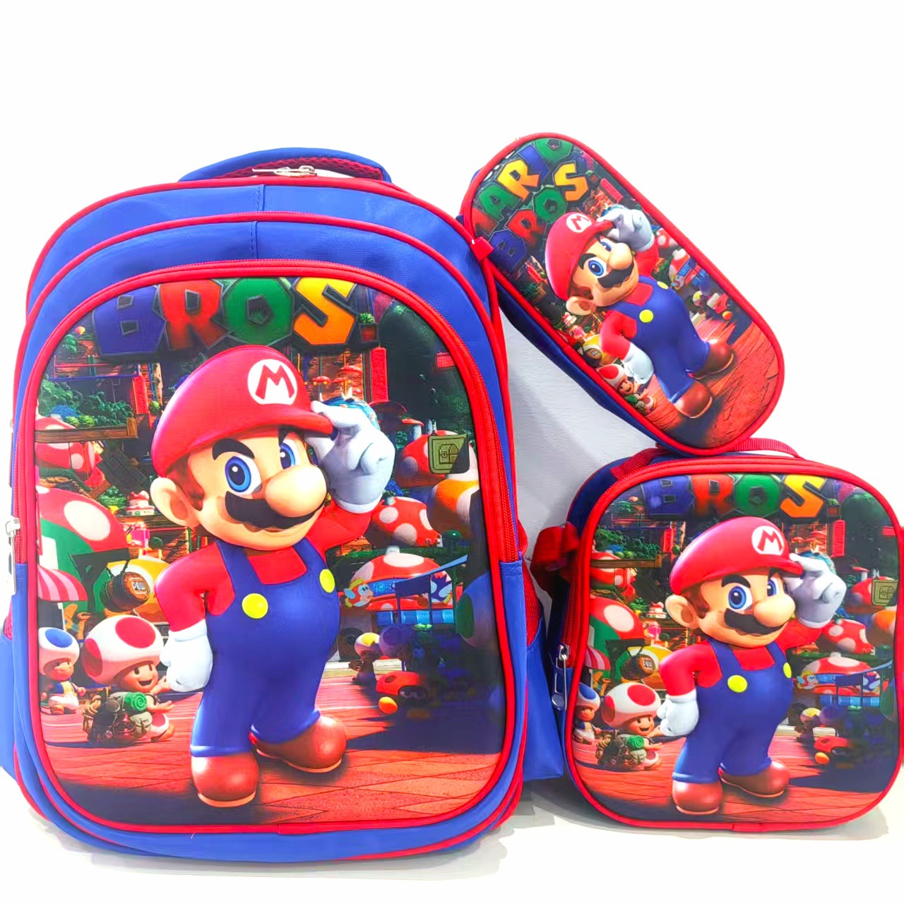 Comercio exterior al por mayor 3D Escuela Primaria estudiante mochila 3-piece set niños dibujos animados mochila lápiz bolsa de almuerzo para grado 1-6