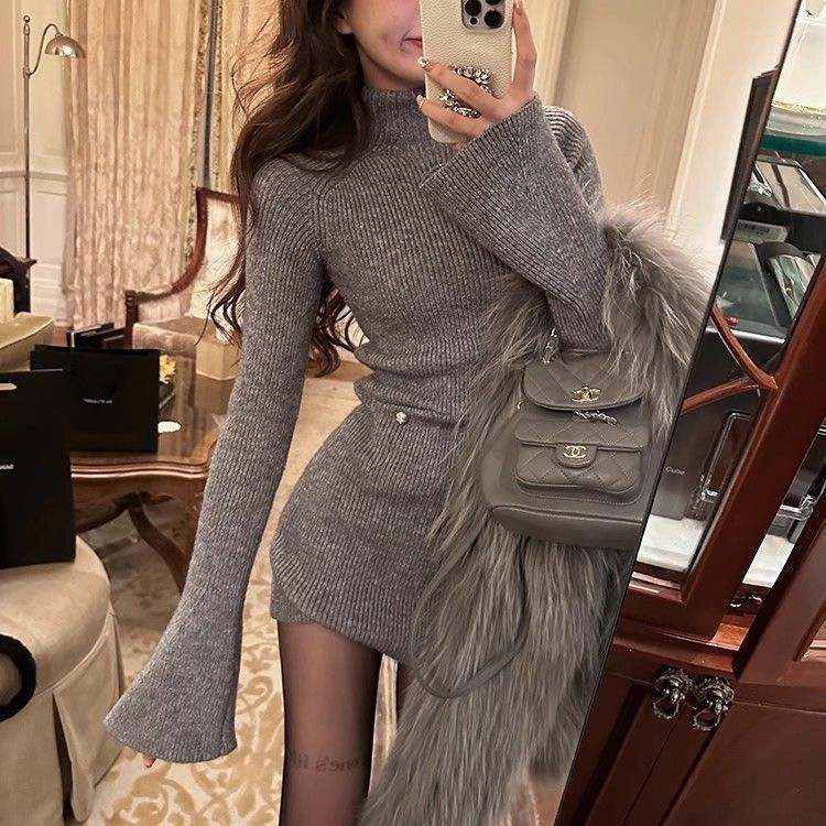 Purely alluring black high-neck knit dress for women, sexy long-sleeved bodycon dress with slit, trendy autumn and winter base dress