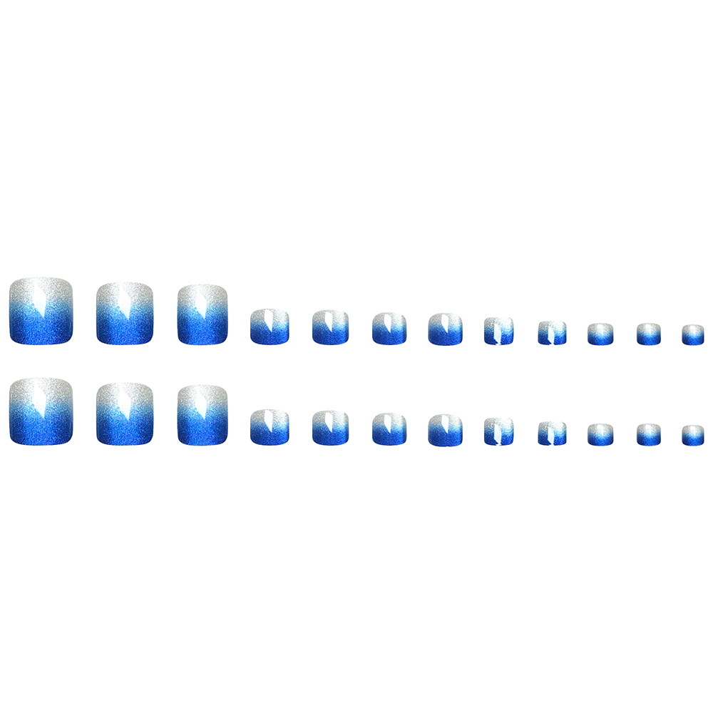 Gradiente azul de hielo claro ojo de gato uñas de pie de verano simple blanco 24 piezas de uñas falsas suministro directo transfronterizo