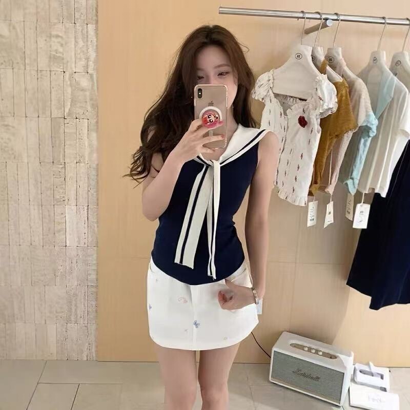 French-Style College-Inspired Color-Blocked Sailor Collar Sleeveless Knit Top for Women, Summer Pure Desire Hot Girl Vest Tank Top
