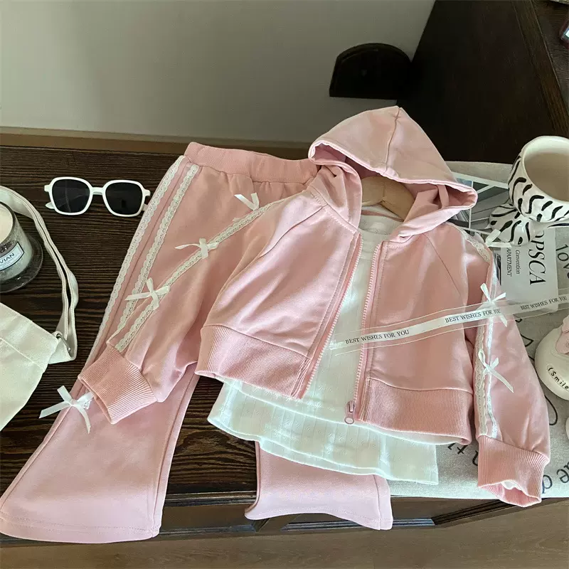 韩版童装2024新款秋季女童蝴蝶结连帽卫衣外套针织喇叭裤两件套潮