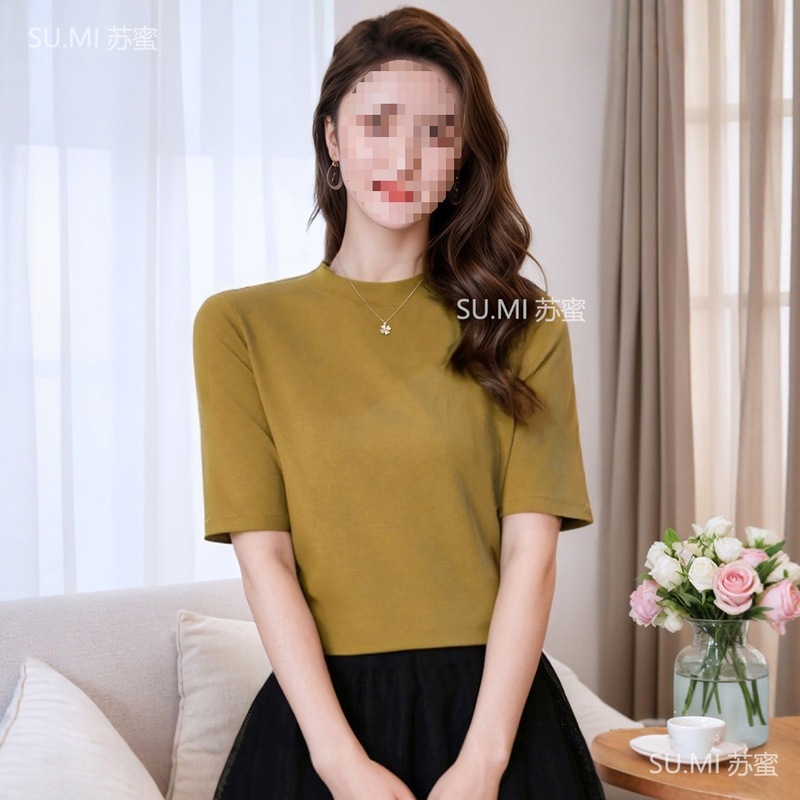 【苏蜜】2025夏季五分袖圆领冰氧棉时尚百搭上衣女纯色中袖显瘦恤|undefined