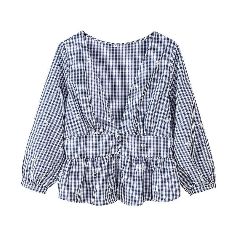 European and American Export Wholesale 2025 Summer New Women's V Neck Embroidered Small Plaid Shirt Top C4-20887