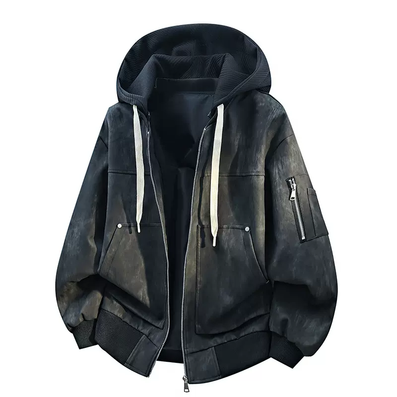 2026年男士宽松潮流休闲外套百搭帅气上衣春季新款时尚连帽皮衣