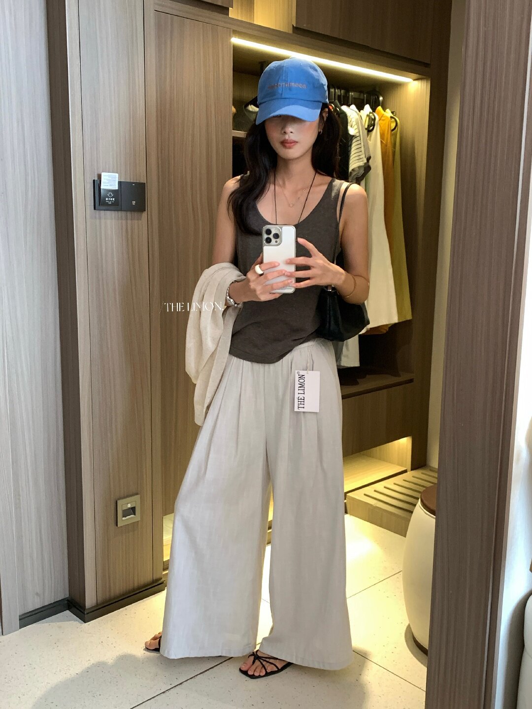 Quần ống rộng nữ vải linen phối cotton dáng suông mùa hè — Xám gạo, Xanh xám nhạt, Xanh đen, Cam bí ngô chi tiết 41