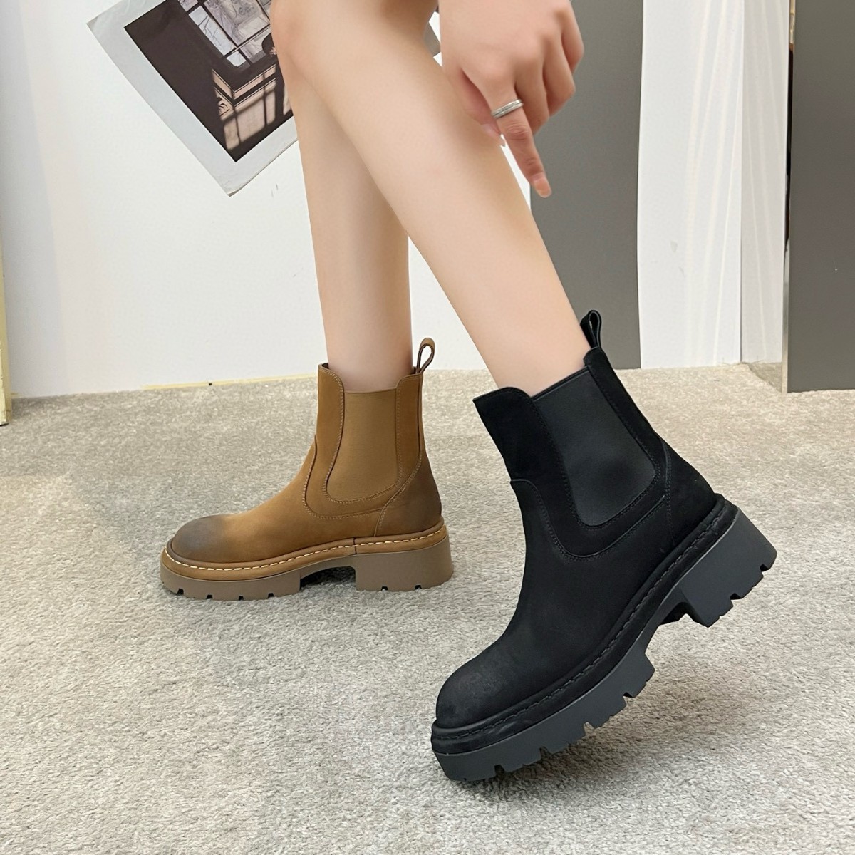 Boot nữ da bò cổ thấp đế xuồng dày khóa kéo bên — Màu đen, Màu Kaki