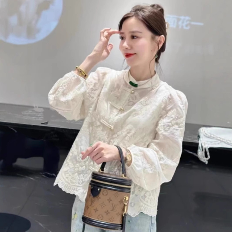 Embroidered Jacquard Stitching Long Sleeve Lace Shirt Women's Spring New Elegant Design Sense Niche Casual Slimming Top