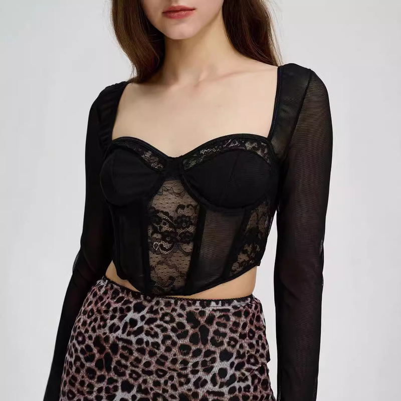 European and American Street Fashion Autumn and Winter Lace Mesh Stitching Fish Bone Steel Ring Slim Square Collar Long Sleeve Top Vest for Women