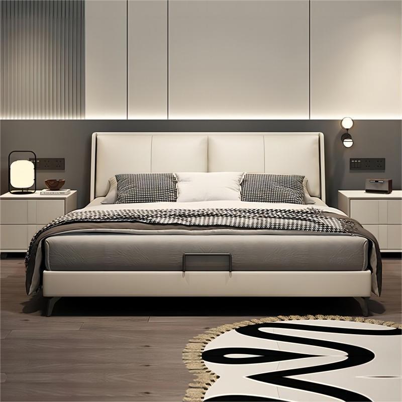 Italiano cama de cuero genuino minimalista moderno dormitorio principal minimalista Internet celebridad diseñador cama doble luz cama de cuero de lujo bolsa suave cama de boda image 4