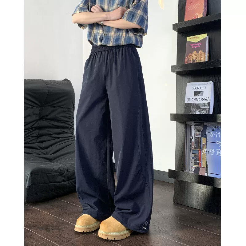 Летние темно-синие брюки-карго с косым краем 2025 года, мужские мягкие брюки-карго, стильные свободные широкие брюки с чистым кроем