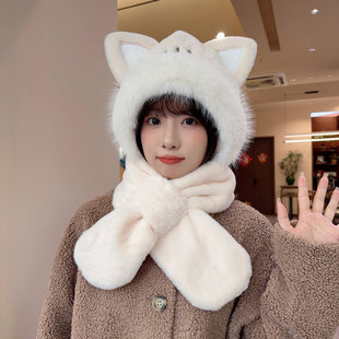 New Tiger Ears Cat Hat Scarf One Two-piece Set Women's Autumn and Winter fleece-lined Thickened Cycling Ear Protection Cap