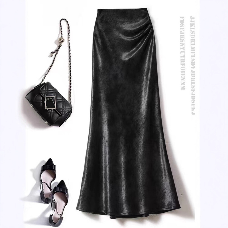 Elegant Long Skirt for Women, Suitable for Spring, Autumn, and Summer; Satin Acetate Bias-Cut High-Waisted A-Line Elastic Waist Bodycon Mermaid Skirt