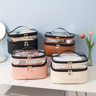 Double-layer Transparent Solid Color Cosmetic Bag Fashionable Waterproof High-value Simple Outgoing Portable Large Capacity Portable Toiletry Bag