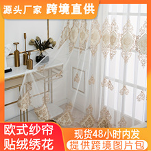 一件代发蓝/绿/咖色跨境欧式绣花纱帘透明窗帘装饰客厅卧室外贸