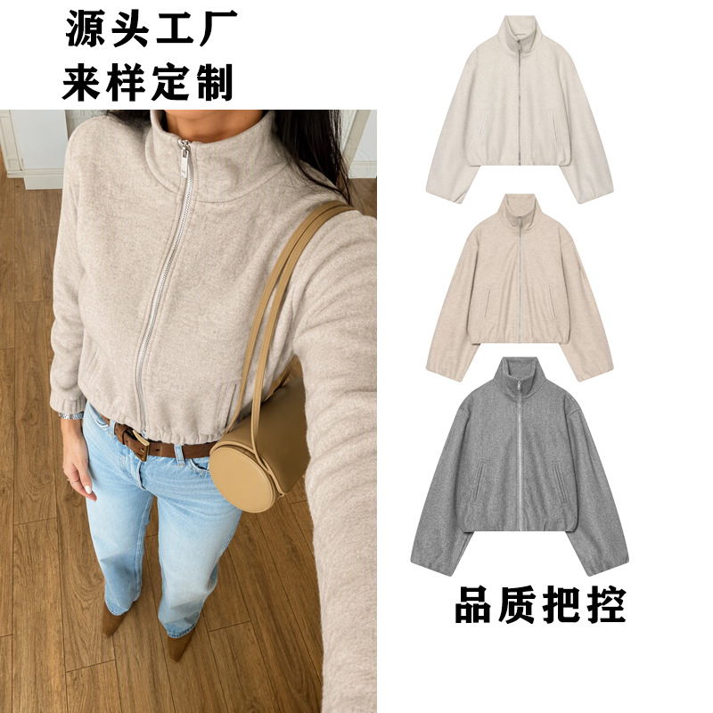Cross-border European and American style stand-up collar zip-up loose-fitting drop-shoulder elastic hem soft bomber jacket 3046