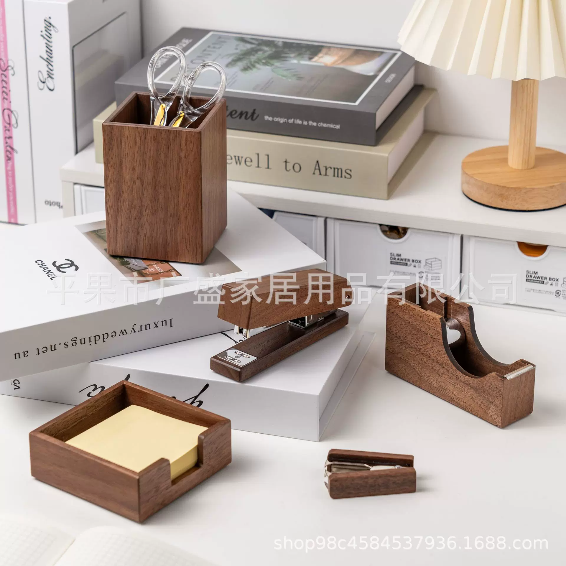 厂家批发黑胡桃木金属订书机大胶带座桌面笔筒黑胡桃办公用品套装