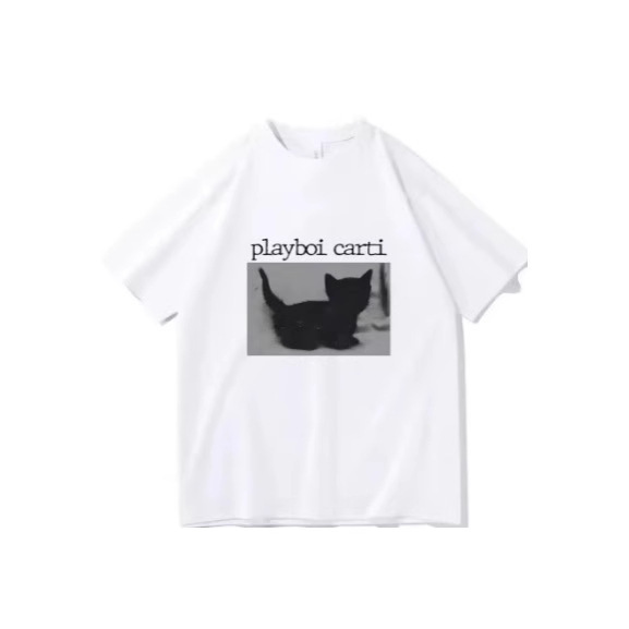 Playboi Carti Hip Hop T-Shirt Cute Cat Harajuku Printed T-Shirt Regular Male High Quality Short Sleeve