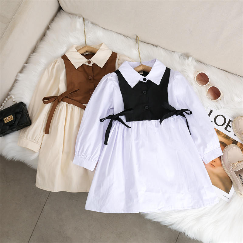 Girl's dress 2024 Spring and Autumn Baby Girl's Bow Splice Dress 6228