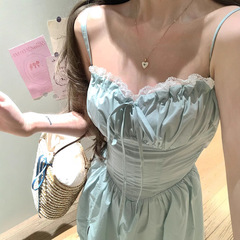 ミントの緑のレースのサスペンダーのワンピースの女性の夏の小さい背は腰のa字のスカートの海辺の休暇を収めます。