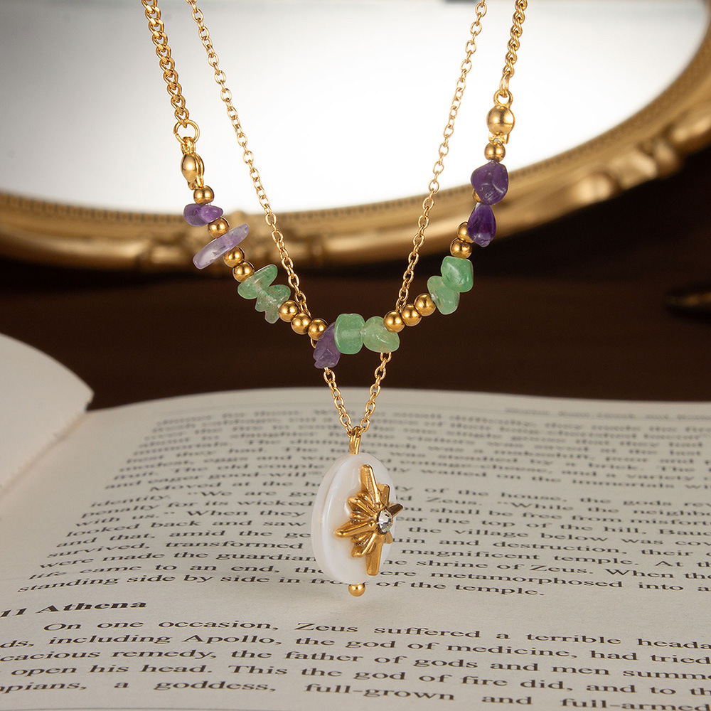 Double Layered Natural Stone Necklace With Octagonal Star Pendant_voghion.com